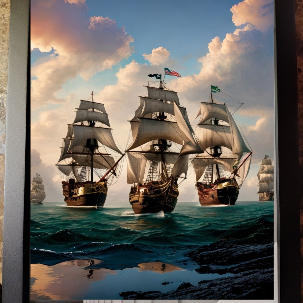 Majestic Sailing Ships In The 1500s Art Print In A Glass Front Frame 8x10